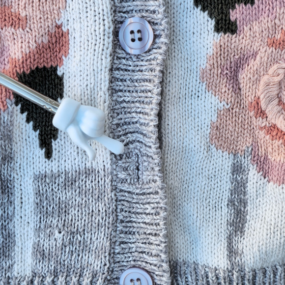 Vintage  80s Retro Chunky Knit Floral Plaid  Granny Cardigan Sweater Size 18/20 - Picture 3 of 8